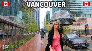  【4K】️️️ Heavy Rain in Downtown Vancouver BC Canada. Travel Canada. Relaxing Walk.