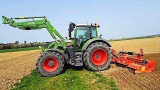 Fendt 718 one Vario +CARGO 5X 90 Frontlader unter Volllast mit 5 m Kreiselegge Maschio 5000 Gaspardo