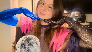 asmr glove sounds satin leather fishnet rhinestones rubber and hand movement