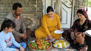 Iranian cooking  Chicken and potatoes roasted in butter and vegetables  rural life