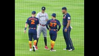 Carlos Correa greets Jose Altuve and Astros players in pre-game warm-up...Astros vs Twins...52923