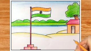 How to Draw Indian National Flag   Independence Day Scenery Drawing  Tiranga Jhanda Drawing