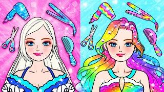 Paper Dolls Dress Up - Rainbow Rapunzel & Blue Elsa Need To New Hair -Barbie Transformation Handmade