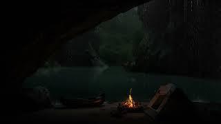 Getting Stuck In A Cave  A Comfortable Shelter From Heavy Rain  Bonfire And Rain Sounds