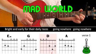 MAD WORLD - Guitar lesson - Acoustic guitar with chords & lyrics - Gary Jules