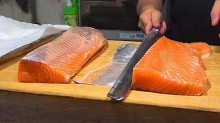 Witness a Master Chef Craft Whole Salmon into Sushi