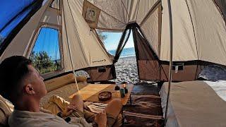 I Built a GIANT fully furnished TENT right on the Beach SOLO  Tropical Rain Forest Island ASMR 