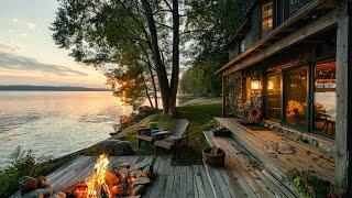Lakeside Ambience with Nature Sounds and Cozy Campfire  Rest Stress Relief and Relax