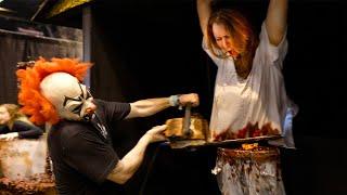 Body Cut In Half MAGIC TRICK by Chainsaw Clown at Transworld Halloween Show