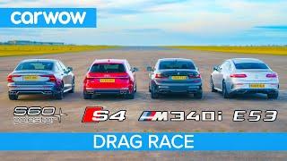 BMW M340i v Audi S4 v AMG E53 v Volvo S60 Polestar DRAG RACE petrol v diesel v hybrid