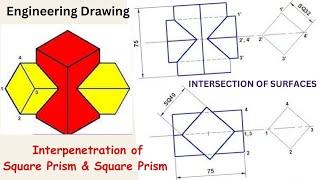 Intersection Of Square Prism and Prism  Intersection of square prism problem  Engineering Drawing