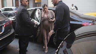 A Very Pregnant Kim Kardashian Wears New Yeezy Nude Body Suit To Lunch