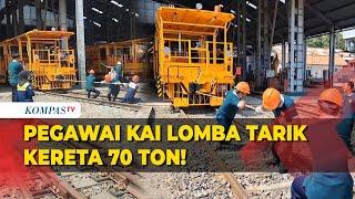 Momen Menegangkan Pegawai PT KAI Cirebon Lomba Tarik Kereta 70 Ton