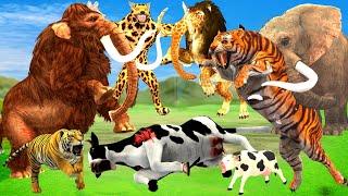 Giant Cheetah wolf Attack Elephant Chase Cow Cartoon Buffalo Gorilla Saved By Woolly Mammoth & Tiger