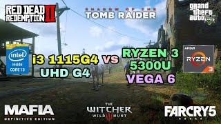 Ryzen 3 5300U Vega 6 vs i3 1115G4 Intel UHD Graphics G4 Gaming Test  2021