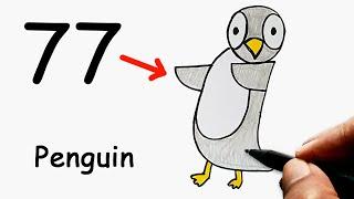 How to Draw Penguin from Number 77  How to Turn Number 77 into a Penguin Easy Drawing Step by Step