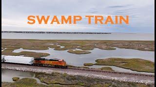 BNSF FREIGHT TRAIN heading north out of Galveston Texas Crossing Coastal Wetland