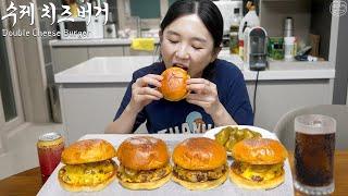 Real Mukbang Super simple homemade double cheeseburger & Coke