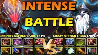 WHO IS STRONGER?  Infinite Refresh Ability Phantom Assassin Vs. Crazy Attack Speed Sniper DotA 2