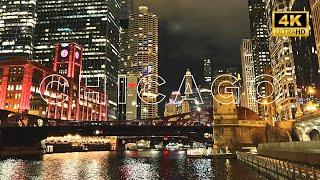 4K Chicago River Walk At Night - Binaural City Sounds Virtual Walking Tour 2022