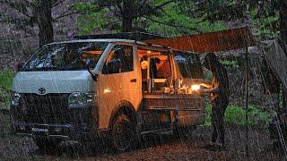 Rain Car Camping Camping alone in minimum camping car in the mountains. DIY Hiace camper.