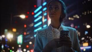 Beautiful Woman Standing Using Smartphone on a City Street with Neon Bokeh Lights Shining at Night