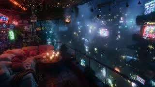  Cozy Cyberpunk Loft Rain and Ambient Music  Cyberpunk Bedroom above the City  4K  10 hours