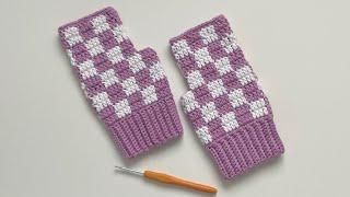 Crochet - Checkered Fingerless Hand GlovesHand Mittens - Very Easy Pattern