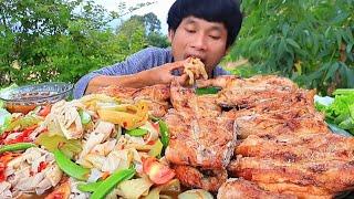 ตำสะไบนางไก่ย่างแกล้มผักสดแซ่บคักอีหลีครับพี่น้องMUKBANG EATING SHOWโก้อีสานพาแดก