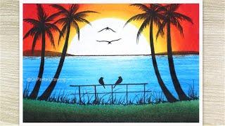 How to draw a Sunset scenery with oil pastel Oil Pastel Drawing for Beginners