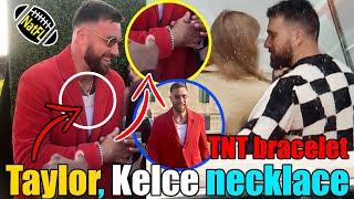 Emotional Travis Kelce wore a TNT bracelet & a Taylor Kelce necklace on the Red Carpet