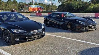 Tesla Model S P85D vs Ferrari F12 14 Mile Drag Racing with Brooks Weisblat