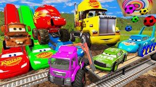 Funny Cars vs Big & Small Cars with Long Slide Mcqueen - Truck Rescue Pixar Cars - BeamNG.Drive