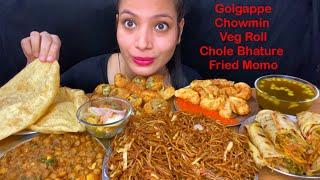 Eating Golgappe Chowmin Chole Bhature Veg Roll Fried Momo  Huge Indian Street Food Mukbang