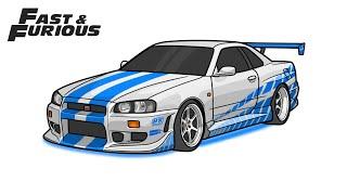 How to draw a NISSAN SKYLINE GT-R R34 from Fast and Furious 2  drawing Paul Walkers nissan car