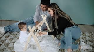 Poppyseed Play - Wooden Baby Gym with Gray Toys and White Round Mat