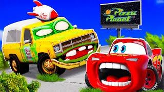 Big & SmallMcQueen and Mater VS Pizza Planet Truck zombie Slime apocalypse cars in BeamNG.drive