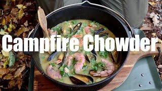 Campfire Cooking - Seafood Chowder Cooked in a Dutch Oven. Cooking in the Rain.