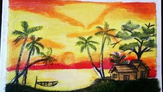 How to draw a simple scenery with oil pastels step by step