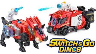 Vtech Switch and Go Triceratops Fire Truck Transforming dinosaur toy with motorcycle launcher