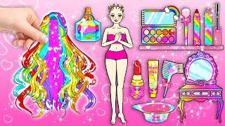 paper Diy Pink Barbie Rainbow Hair Makeover and Dress Up Contest  Rapunzel Compilation 놀이 종이