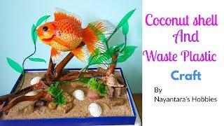 How to make Fish Showpiece from Coconut shell & Waste Plastic  Waste materials craft idea