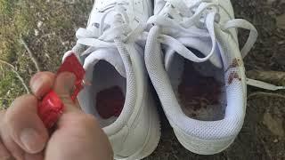 Put chocolate and ketchup in each Nike Air Force 1 shoe then walk with dirty sneakers park street