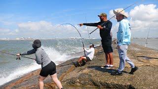Fisherman risks it all Catching 100lb BEAST Fishing the Jetty INSANE FISHING VIDEO