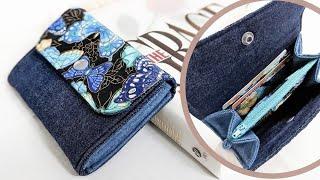 DIY Small Denim with Printed Fabric Wallet  Old Jeans Idea  Wallet Tutorial  Upcycle Craft