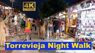 4K Torrevieja Costa Blanca Spain. Nighttime Walking Tour Heading to the Promenade August 2022 