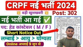 CRPF HCM New Vacancy Out  Post 300 CRPF New Vacancy 2024  CRPF HCM Bharti 2024 Notice Out 