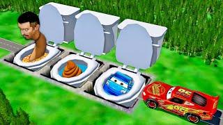 Mega Toilets Pits Vs Lightning McQueen & Big & Small Pixar Cars BeamNG. Drive Battle Complitation 8