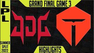 JDG vs TES Highlights Game 3  LPL Summer Final 2022  JD Gaming vs Top Esports G3