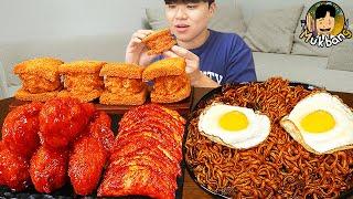 ASMR MUKBANG  Fried Chicken fried egg black bean noodles kimchi Korean Food recipe  eating